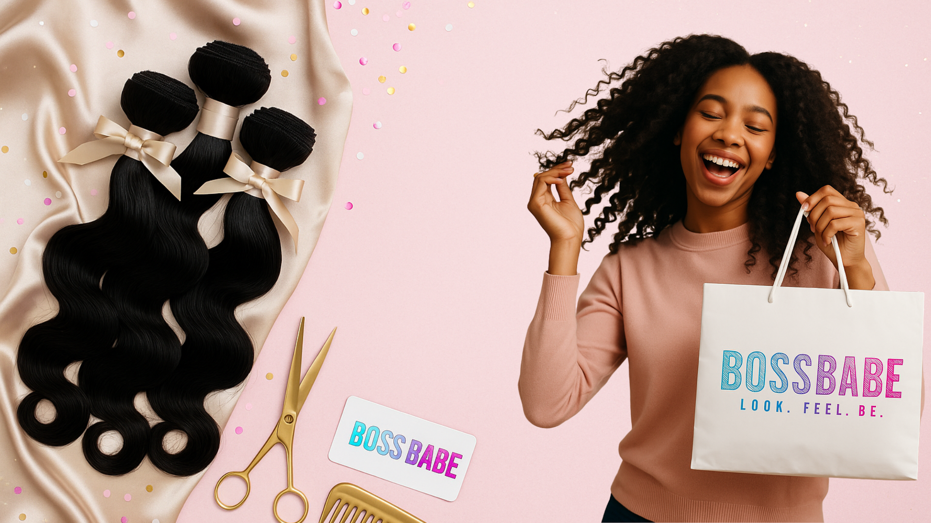 Woman holding a Boss Babe bag with virgin hair bundles 
